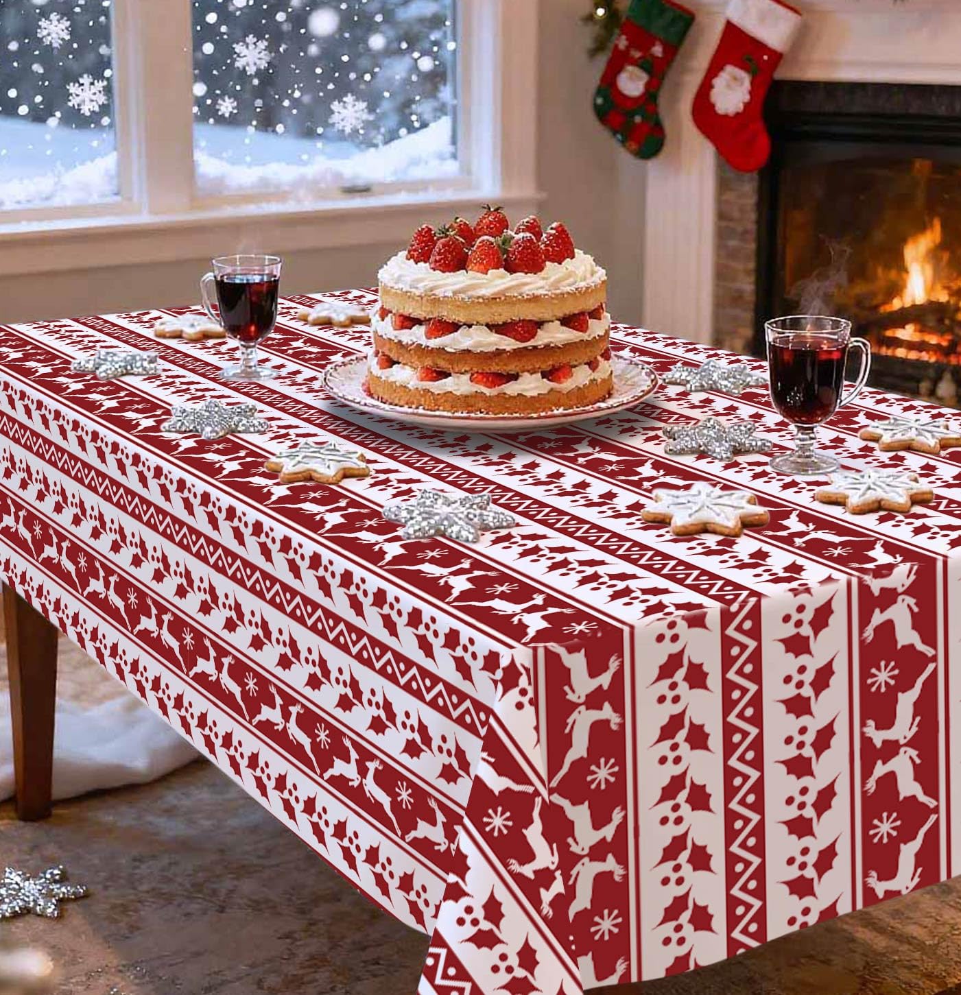 HEIPINIUYE Christmas tablecloths, red and white pattern, 54x108 inches, 6-pack for easy cleanup.