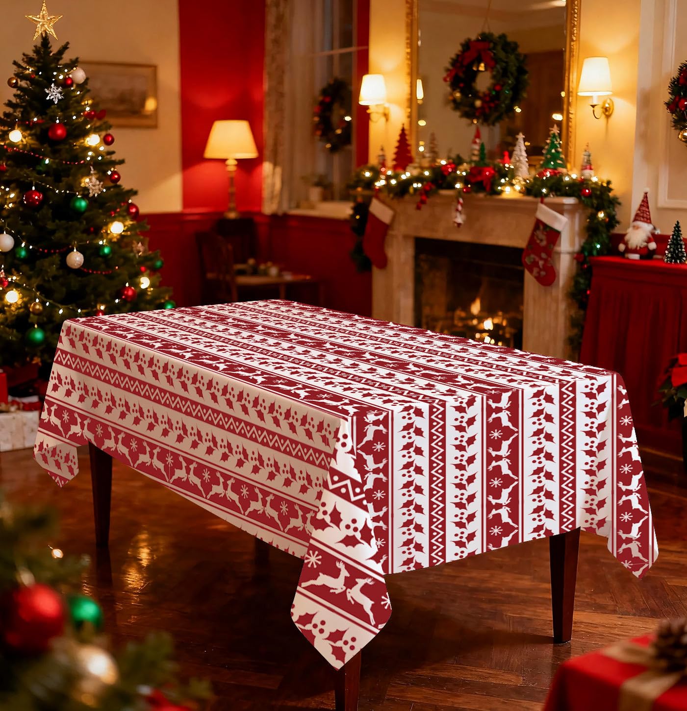 HEIPINIUYE red-white tablecloth enhances party decor.