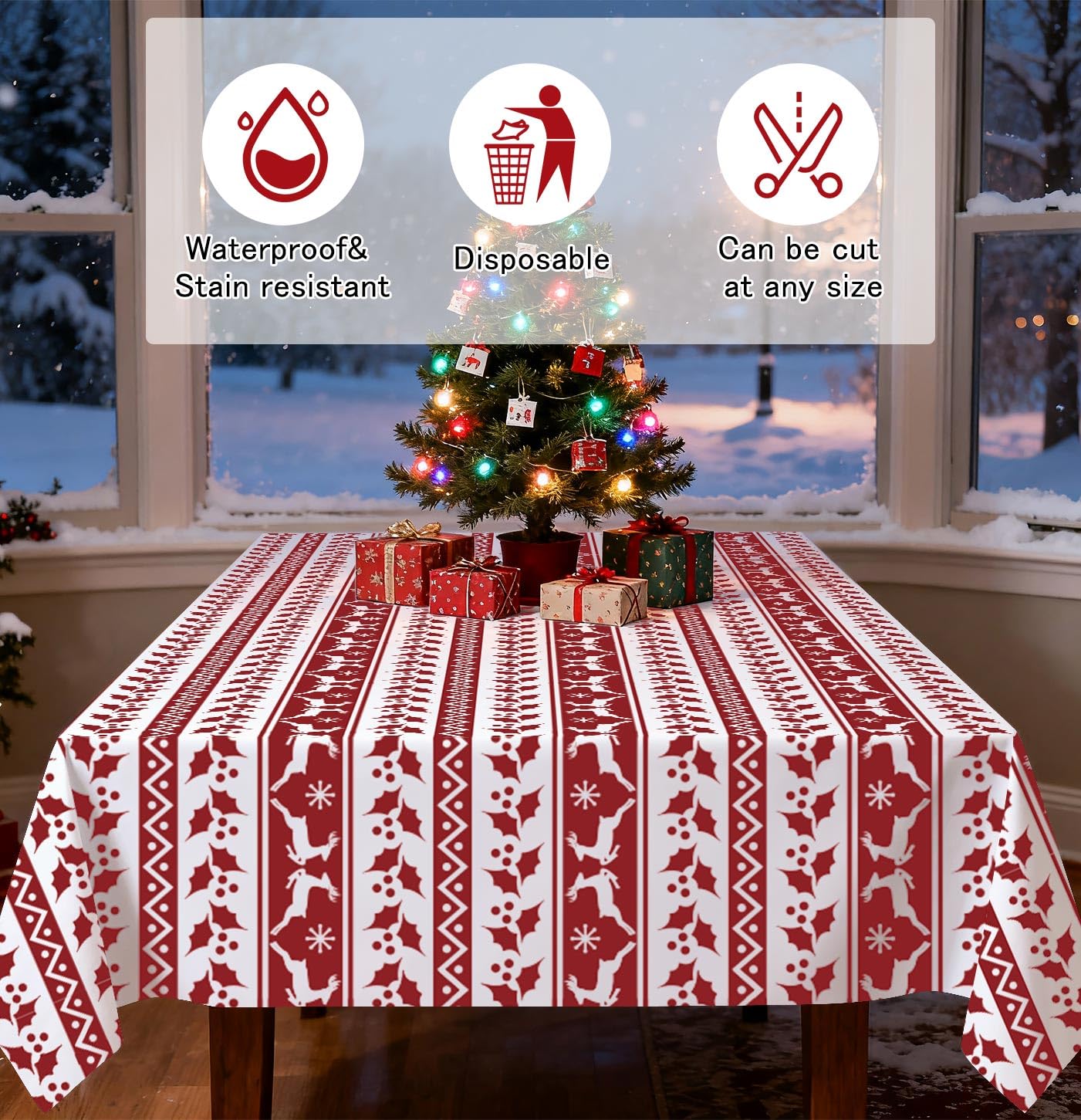 HEIPINIUYE tablecloth with red-white festive pattern enhances table decor.