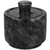 HESHIBI marble salt cellar with lid on a kitchen counter, showcasing elegant storage for spices.