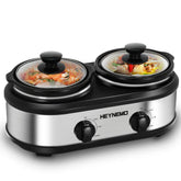 HEYNEMO double slow cooker pots for dual-dish serving at gatherings.