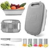 HI NINGER collapsible cutting board with colander in use, saves space in small kitchens.