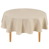 Hiasan round beige tablecloth on dining table; 60-inch fit, elegant and easy to clean.