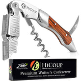 HiCoup Wine Opener with ergonomic wooden handle offers a comfortable grip during service.