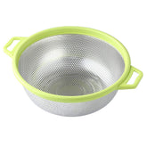 HiramWare stainless steel colander with handle and legs for easy pouring and draining.