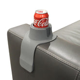 Hit Products CouchCoaster steel-grey armrest holds drinks securely.