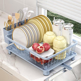 Hiviweer blue dish drying rack with compact countertop footprint.