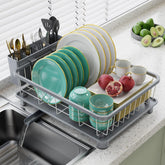 Hiviweer dish rack full view in gray saves counter space for small kitchens.