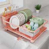 Hiviweer pink dish drying rack on counter demonstrating space-saving organization