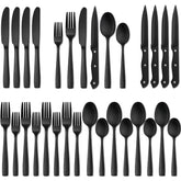 Hiware matte black silverware set on table, modern dining aesthetic and durability.