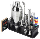 HMYBAR 24oz cocktail shaker on bamboo stand for easy home bartending.