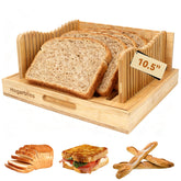 Hogarbliss Bamboo Bread Slicer with crumb tray keeps counters tidy during slicing.