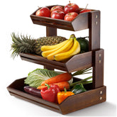 HOLANA Acacia 3-Tier Walnut Fruit Basket on counter for organized storage
