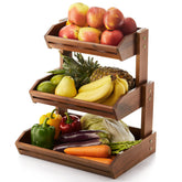 HOLANA Acacia 3 Tier Fruit Basket on the kitchen counter with fresh produce.