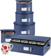 Holdn’ Storage denim blue 5-piece china container set protects delicate dinnerware during moves.