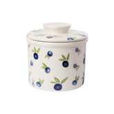 HOLIBAN butter crock on counter with blue blueberry lid keeps butter soft and ready to spread.