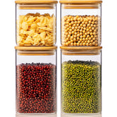 HomArtist 42oz square glass jar with bamboo lid, front view for easy cereal storage.