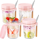 HomArtist glass overnight oats container pink 4-pack for meal prep and on-the-go breakfasts.
