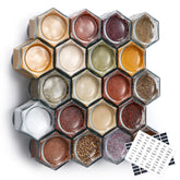 Homazing hexagon spice jars on the fridge for quick, visible flavor access