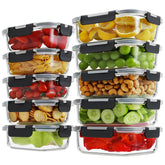 HOMBERKING 20-piece glass meal prep set with locking lids for fresh leftovers.