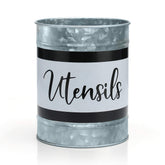 Home Acre Designs utensil holder on countertop, galvanized finish keeps spatulas organized.