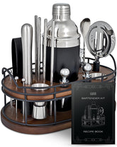 Home Hero Bartender Kit with wooden stand displaying organized tools for stylish home entertaining.