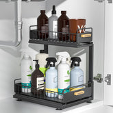 HOMEBOSILY under-sink organizer 2-tier keeps clutter organized under the sink.