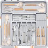 Homecor silverware drawer organizer folded for space-saving drawer fit.