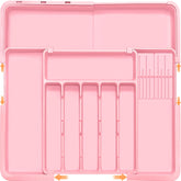 Homecor silverware organizer fully extended in a wide drawer for tidy storage.