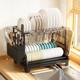 HomeCurated 2-Tier Dish Drying Rack with Drainboard keeps dishes organized and drains into sink.