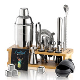 HomeCurated Cocktail Shaker Set Stand keeps tools organized for stylish home bartending
