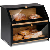 HOMEKOKO bread box front view with double layer design and black finish on counter