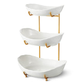 HOMKULA ceramic 3-tier fruit bowl with gold stand on kitchen counter saves space.