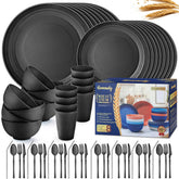 Hommaly wheat straw dinnerware 64-piece black set ideal for daily meals and gatherings