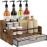 Homode coffee syrup rack with three tiers securely organizing bottles and accessories.