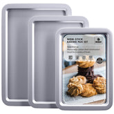 HONGBAKE cookie sheet set with wider grips for easy handling and transfer.