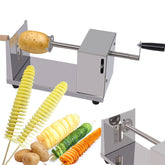 Hoqqf twisted potato slicer in action with hand crank for uniform spirals