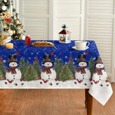 Horaldaily Christmas tablecloth with blue snowmen and trees for festive dining.