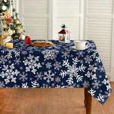 Horaldaily Christmas tablecloth in blue snow pattern enhances festive tables and practicality.