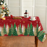 Horaldaily Christmas Tablecloth close-up with red trees and festive pattern.