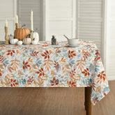 Horaldaily Fall Tablecloth with orange-blue leaf pattern for a vibrant autumn dining ambiance.