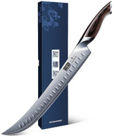 HOSHANHO 12-inch carving knife blade close-up with razor-sharp edge for precise slices.