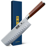 HOSHANHO Nakiri Knife 7 Inch blade close-up highlighting precise vegetable slicing.