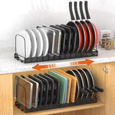 Housolution baking sheet organizer with 14 adjustable dividers keeps pans neatly stored.