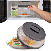 Hover Cover showing magnetic ceiling attachment securely stores on the microwave for clutter-free kitchens.
