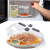 Hover Cover magnetic splatter cover protecting microwave during reheating.