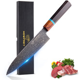 Howfrey Damascus chef knife blade close-up showing razor sharp edge for precise cuts.