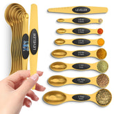 Howgoody magnetic measuring spoons set in gold demonstrating nesting for space-saving storage
