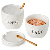 Howise salt and pepper bowls on the counter with lids and spoons for easy seasoning.