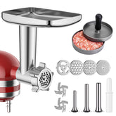 HOZODO metal meat grinder attachment, front view, sturdy build for reliable KitchenAid processing.